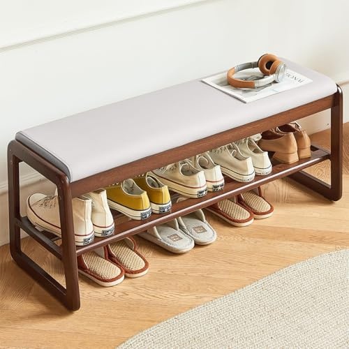 Fetuero Solid Wood Shoe Bench, 2-Tier Wooden Storage Entryway Bench, Small Entryway Bench, Mid-Century Modern Bedside Bench with Faux Leather Cushion for Dining Room Living Room, Cream Grey 21.65''