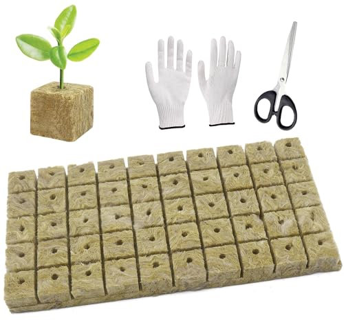 WANYI 50 Stück Steinwolle Anzucht, Rockwool Cube, Steinwolle Dämmung, Steinwolle Grow Anzucht Anzuchtmatte mit Schere Handschuhe für Bodenlos Anbau Hydrokultur Umpflanzen