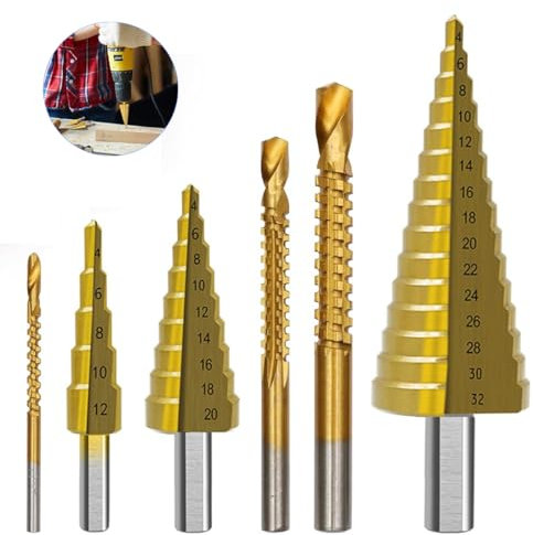 6Pcs Step Drill Bit Set, HSS Drill Bits Cone Drill (4-12mm,4-20mm and 4-32 mm), High Speed Steel Titanium Coated Hole Cutter Bit Set for Plastic Wood Stainless Steel Sheet Metal