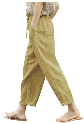 RLEHJN Pantalon en Coton Et Lin pour Femmes Pantalon Été Femme Coton Lin Harem Pantalons Taille Elastique Pants 7/8 Solide Couleur Léger Cordon Sport Pant De Plage Ankle Pants pour Travail
