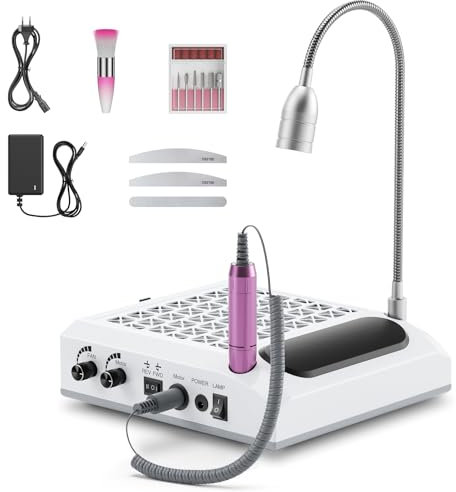 Trsaow Fresa elettrica per unghie 6 in 1, aspiratore professionale per polvere da 30.000 giri/min, potente aspiratore da 80 W, luce LED girevole da 6 W, silenzioso, con 3 lime per salone (White)