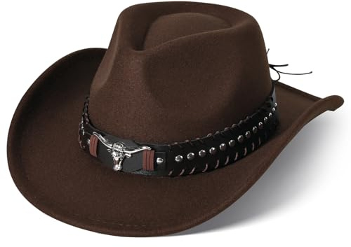 Cowboyhut Damen Herren Westernhut Fedora Hut Breiter Krempe mit Lederband (Braun 3#)