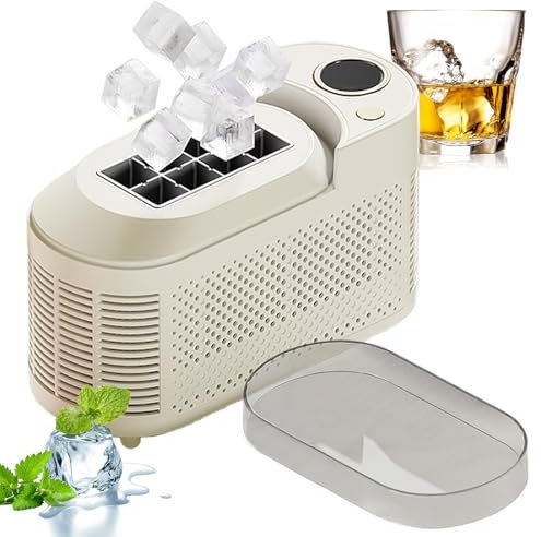 agreilduite Máquina de Hielo Portátil para Autocaravanas/Coche - Doble Fuente (Corriente/12V), 8 Cubos en 10 Min, Ventana Transparente, Tamaño Compacto 21.6×9.3×12.8cm - para Encimera,Beige