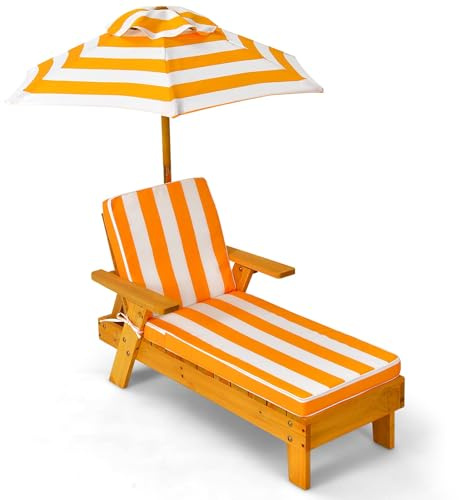 FANTASK Kinder Liege mit Schaumstoffpolsterung Auflage, Gartenliege aus Holz, Sonnenliege mit Sonnenschirm, Gelb + Weiß