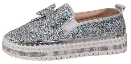 Xbemkste Damglitter, sneakers, paljetter, gnistrande plattform, strass, fest, semester, bröllop, sneakers, slip-on, tygskor med rosett, platta loafers, promenadskor, GRÅ, 40 EU