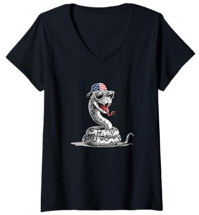 Damen Toller Schlangen-Look mit USA-Cap und Cooler Sonnenbrille T-Shirt mit V-Ausschnitt