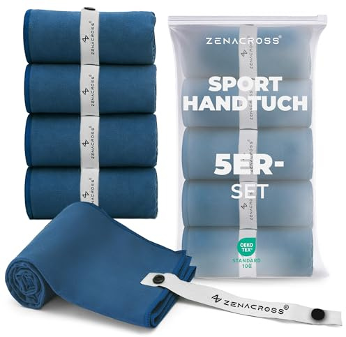 ZENACROSS Serviette Sport Microfibre Lot de 5, 40x77 cm- Serviette de Sport pour Musculation, Gym - Sechage Rapide & Ultra-Absorbant - Bleu Marine