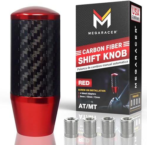 Premium Red Carbon Fiber Shift Knob - 4 Metal Threaded Adapters, 4 5 6 Speed Manual & Buttonless Automatic Transmission Cars, Weighted Gear Stick Shifter Knobs, (M8, M10x1.25/1.5, M12x1.25), JDM Style