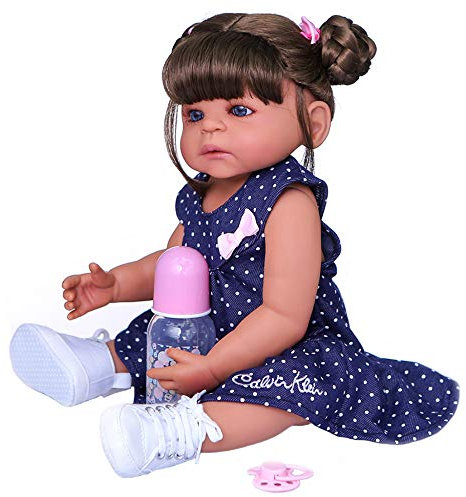 YIHANGG 55cm Reborn Baby Doll Blau Kleid Mädchen Ganzkörper Weiche Silikonpuppe Handgemacht Wasserdicht Waschbar Neugeborene Puppe Augen Offen Kinder Geschenk,BlueEyes