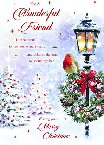 Paper Rose Christmas Card for Friend - Snowy Wreath Scene Design - Foil & Flitter Finish - Festive Christmas Greeting Card for a Wonderful Friend - For Men or Women