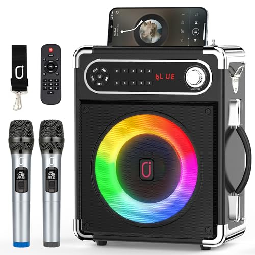 JYX Karaoke Machine with Two Wireless Microphones, Portable Bluetooth Speaker with Bass/Treble Adjustment, PA System with Remote Control, LED Lights,Supports TF Card/USB/AUX/TWS