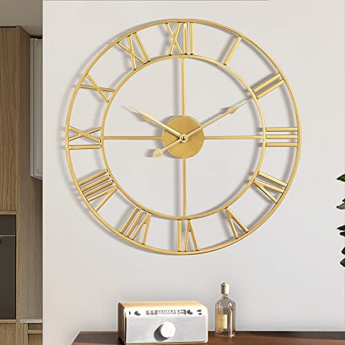 Maxstar Reloj de Pared Moderno con números Romanos Grandes sin tictac, Redondo, de Metal, silencioso, Vintage,para Sala de Estar, Cocina, dormitorios,de jardín, decoración Dorada de47 cm