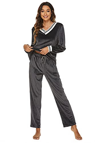 Ietaoo Completo Sportivo Donna Tute da Ginnastica da Donna Inverno Velluto 2 Pezzi Homewear Scollo a V Pullover + Pantaloni Tute Sportiva Casa Pigiama Set Grigio S