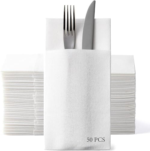 LEKOCH 50 PCS Airlaid Cutlery Napkins Pocket White Napkins Diposable Linen Feel Built in Pocket Napkins for Party Wedding Christmas 43 * 30cm