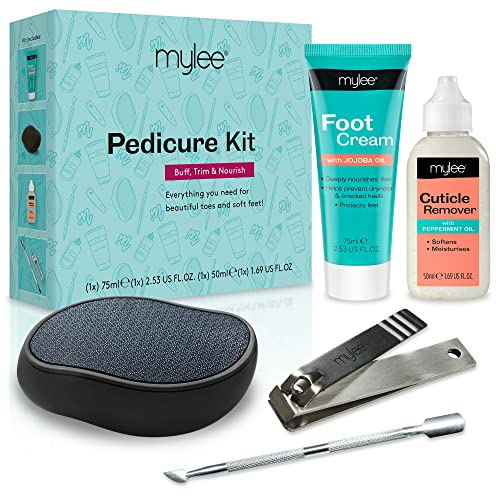 Kit de Pedicura Mylee - Juego de 5 piezas Profesional con Lima de Cristal, Crema para Pies, Quitacutículas, Empujacutículas de Metal y Cortaúñas Grande, Eliminación de Pieles Secas, Muertas o Duras