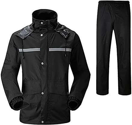 LY4U Traje de Lluvia Impermeable para Hombre Ropa de Trabajo Chaqueta de Ciclismo con Capucha y Traje de Lluvia con Pantalón con Tira Reflectante Segura Negro XL