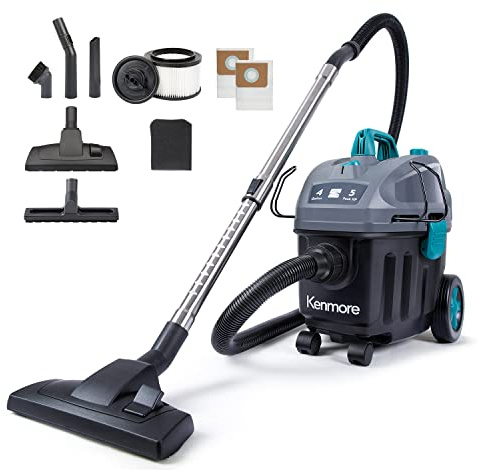 Kenmore KW3050 Wet Dry Canister Vac 4 Gallon 5 Peak HP 2-Stage Motor Vacuum Cleaner with Washable HEPA Filter & Dust Bags for Hard Floor & Carpet, Black