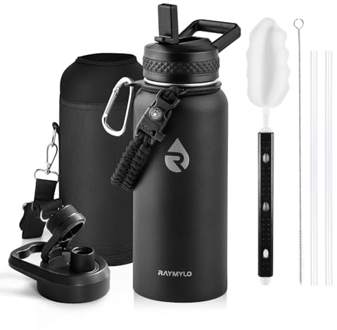 RAYMYLO Insulated Water Bottle 32 oz, Triple Wall Vacuum Stainless Steel (Cold for 48 Hrs), Leak Proof & Non-BPA, Modern Water Flask Jug with Paracord Handle & Straw Spout Lids, Magic Black