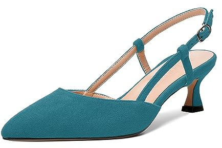 FEMSTEP Women Spool Slingback Solid Casual Buckle Suede Low Heel 2 Inch Office Pointed Toe Court Shoes Teal Size 7.5