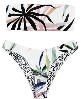 GORGLITTER Women's Strapless Bandeau Swimsuits Tropical High Cut Thong Cheeky Bikini Set Bathing Suit Multicolor Small