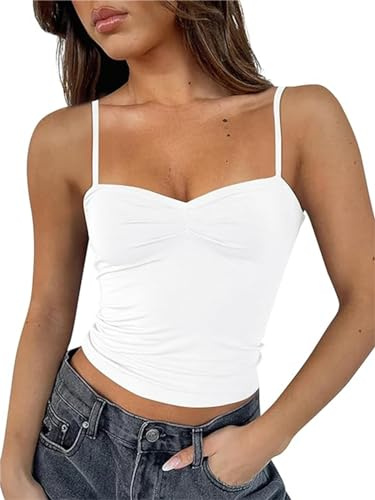 FOFAINWE Ärmlös hjärtformad urringning crop tank toppar rygglös spagettiremmar plissé bustier Y2K Camis utekväll topp, Vit, M