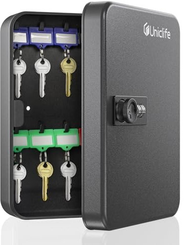 Uniclife Armario para 20 Llaves Con Cerradura de Combinación Reseteable - Caja de Seguridad Digital Negra - Organizador de Acero Con Etiquetas Adhesivas de Colores y Ganchos