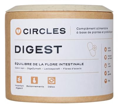 Circles DIGEST - Équilibre de la flore intestinale - Complément Alimentaire à base de plantes et probiotiques - Inconfort digestif, Ballonnements, Détox - Végan - 60 Gélules