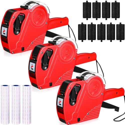 Dunzoom 3 Pack 8 Digits Price Tag Gun Label Pricing Gun Kit with 12000 Labels & 9 Ink Rollers for Retailer Supermarket Grocery Store Food(Red)