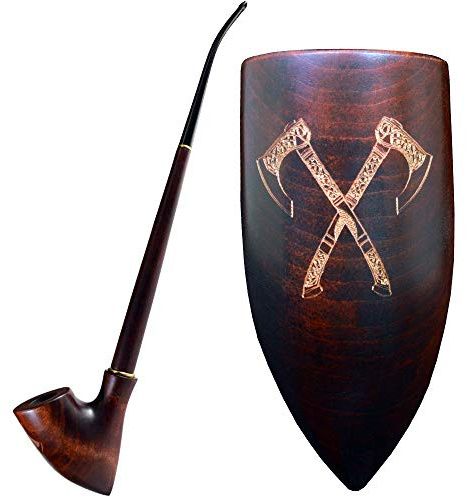 33 cm lång päronträ Churchwarden-rökpipa med gravyr “Vikingar & Valhalla” | Passar 9 mm filter | Levereras med sammetspåse | Endast för tobaksanvändning