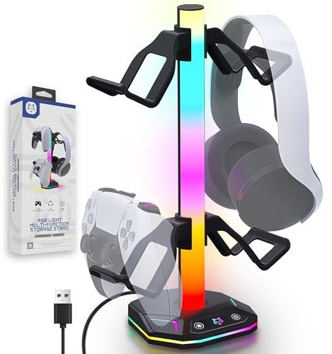 auvstar Soporte Auriculares,10 Modos de IluminacióN,RGB Soporte Cascos,2 USB y 1 Tyce-C,Soporte para Cascos Gaming,Accesorios Gaming para Todos los Auriculares y Gamepads(Negro)