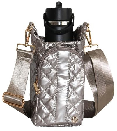 lemonbella Medium Jennifer Drink Carrier Nylon Stylish Quilted Water Bottle Holder with Adjustable Crossbody Strap & Pouch - Perfect for Travel, Gym, Walking, Glazing Gunmetal Grey