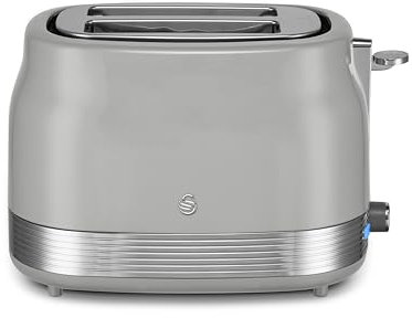 Swan ST19028GRY Retro 2 Slice Toaster with 6 Browning Levels for Toast, Bagels, Breakfast Muffins, Defrost/Reheat/Cancel Functions, Hidden Cord Storage, Non-Slip Feet, 930W, Grey and Stainless Steel