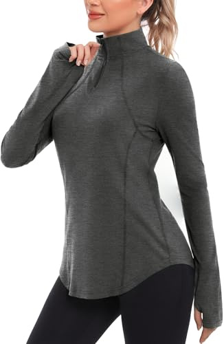 Crewhpo Tshirt Sport Femme Tee Séchage Rapide Shirt Running Chemises de Course à Demi-Fermeture Éclair T-Shirts et Tops de Sport à Manches Longues Top Fitness Yoga avec Trous pour Les Pouces S-XXL
