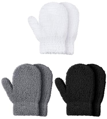 SATINIOR 3 Pairs Toddler Mittens Kids Winter Warm Gloves Baby Soft Stretch Mittens for Boys Girls Children(4-8 Years Size,Black, Dark Gray and White)