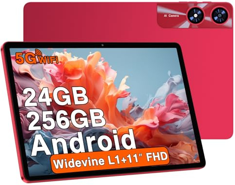 Tablet 11 Pulgadas Android con 24GB RAM 256GB ROM (1TB TF), Octa-Core 2.0 GHz, Widevine L1, 5G WiFi, Bluetooth 5.0, 8000mAh, 5MP+13MP, 1280*800 FHD IPS, Facial ID, Tipo C, AGPS, Tablet con Funda, Red