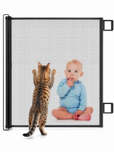 Barrera de Seguridad para Perros, Barrera de Seguridad Retráctil Altura Longitud Ajustable hasta Puerta para Bebés Niños y Mascotas para Interior y Exterior Escaleras Puertas (Negro, 110cm)