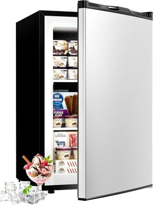 Feelfunn 3.0 Cu.ft Upright freezer - Compact Mini Freezer with 7 Adjustable Thermostat, Removable Shelves, Reversible Single Door, 360°Uniform Cooling Small freezer for Home Office Dorm, Silver