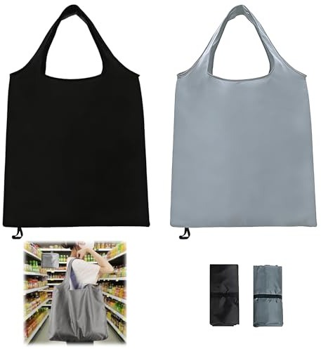 Tarqite 2 Packs Foldable Reusable Shopping Bags, Waterproof Nylon Tote Folding in a Pouch, Lightweight Bag for Daily Outdoor Women Men (Black+Grey)