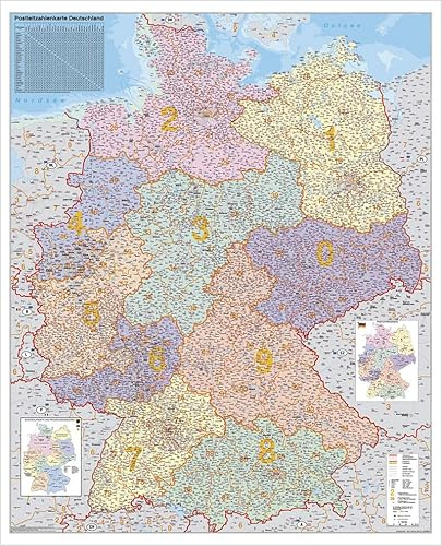 Deutschland Postleitzahlenkarte, Stiefel Wandkarte Kleinformat 67 x 87 cm, Poster, laminiert: Wandkarte / Poster