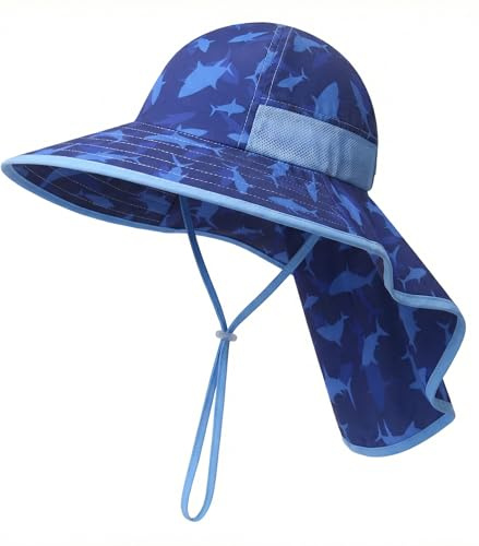 icolor Kids Sun Hat UPF50+ Sun Protection Bucket Hat Toddler Summer Beach Play Hats with Neck Flap for Girl Boy Ages 3~10 (Shark)