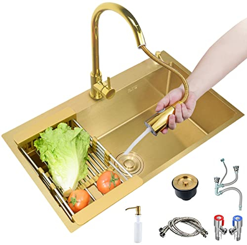 Küchen Quadratische Edelstahlspüle Goldenes Waschbecken Küche Geschirrspülen, Gemüsespüle Kleine Wohnung Küche Einzeltank Waschbecken im Badezimmer Mit Wasserhahn Küchenspülen