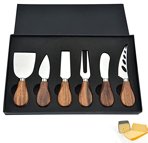Lin's Wood Käsemesser, Geschenkset, 6 Stück, Edelstahl, Käsehobel, Käseschneider, mit Geschenkbox (Griff aus Akazienholz)