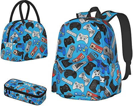 Oplp Video Game Controller Background Large Capacity Backpack Lunch Bag Pencil Case Combination 3 Piece Set, Game 02, One Size, Daypack Backpacks