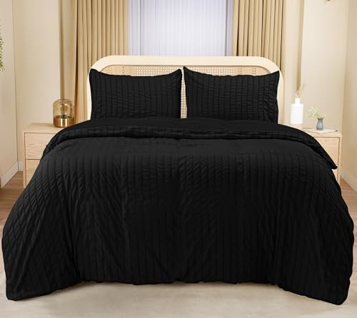 Utopia Bedding Seersucker Funda Nordica Cama 105 - Juego de Funda Nórdica de Microfibra Seersucker 200x200 cm y 2 Funda de Almohada 50x75 cm (Negro)