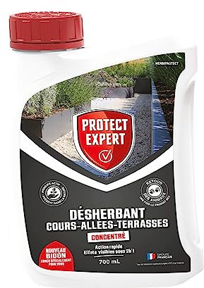 PROTECT EXPERT Désherbant Concentré - Cours Allées Terrasses - Effets Visibles Sous 3h - 700ml - Jusqu’à 58m² Traités - Bidon Doseur PROCOUR700