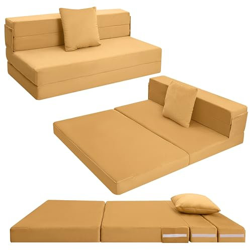 MeMoreCool Faltbare Klappmatratze, Hochdichter Schaumstoff Schlafsofa, Boden-Futon-Matratze, 4-teilige Gästematratze Gästebett Klappbar, Klappmatratze Sessel, Faltmatratze 120x195cm, Gelb