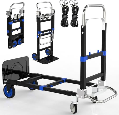 Nebicals Black Convertible Hand Truck Dolly Cart with 4 Wheels Heavy Duty,500 Lbs Capacity, 2 Straps for Moving Furniture/Appliance/Carton/Warehouse/Office/no Need to Install, Follow Video to Fold