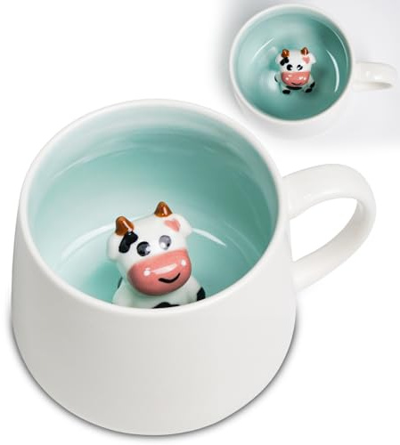 ZONSUSE Söt kaninkopp, med lock och sked, 3D djur keramisk mugg inuti, rolig mugg för kaffe te mjölk, gåva till kvinna, man, barn, 350 ml (3D kanin)