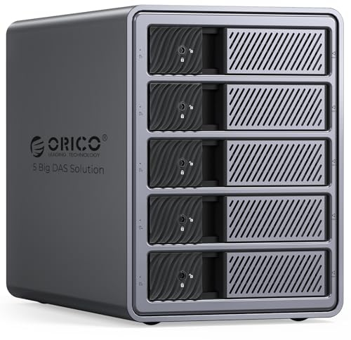 ORICO Caja de Aluminio Raid para 5 Discos Duros de 3,5 Pulgadas hasta 5X 22TB, Fuente de Alimentación de 150W Integrada, con Ventilador, Soporta Raid 0/1/5/10 (9858RU3)