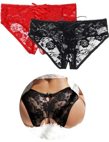 ohyeahlady Thongs for Women Multipack Black Red Lace Underwear Soft Stretchy French Knickers Brazilian Sexy Panties Lace Up Underpants Tanga Briefs Pack of 2 Size 16-18
